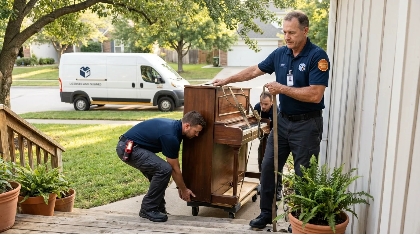 Licensed piano movers securing grand piano in Eads, CO