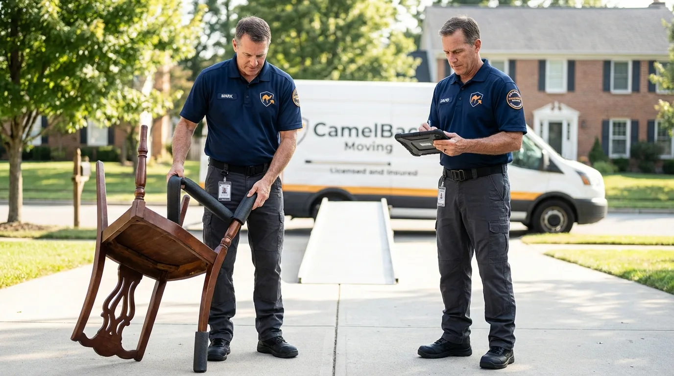 Movers inspecting furniture for damage prevention before loading in Eads, CO