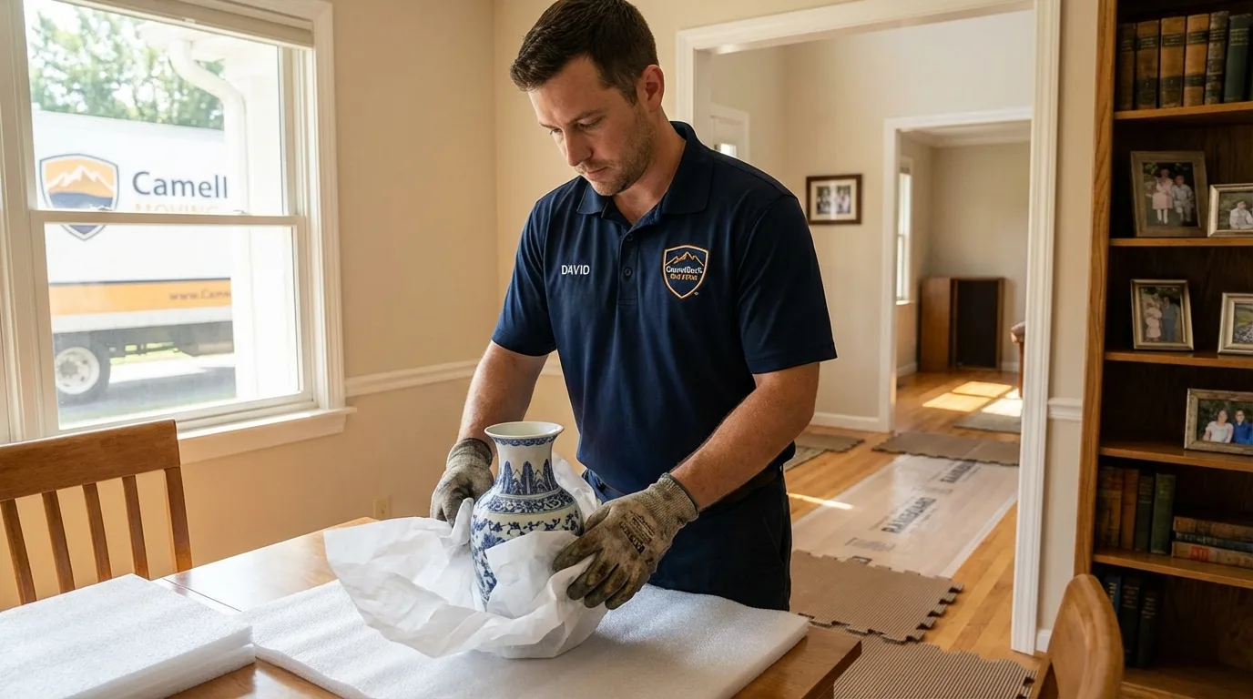 Professional crew carefully wrapping antique vase for senior downsizing move in Eads, CO